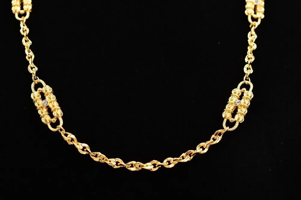 Vintage Station Chain Necklace Brushed Gold Rhinestone Crystal Linked 1980s 9J